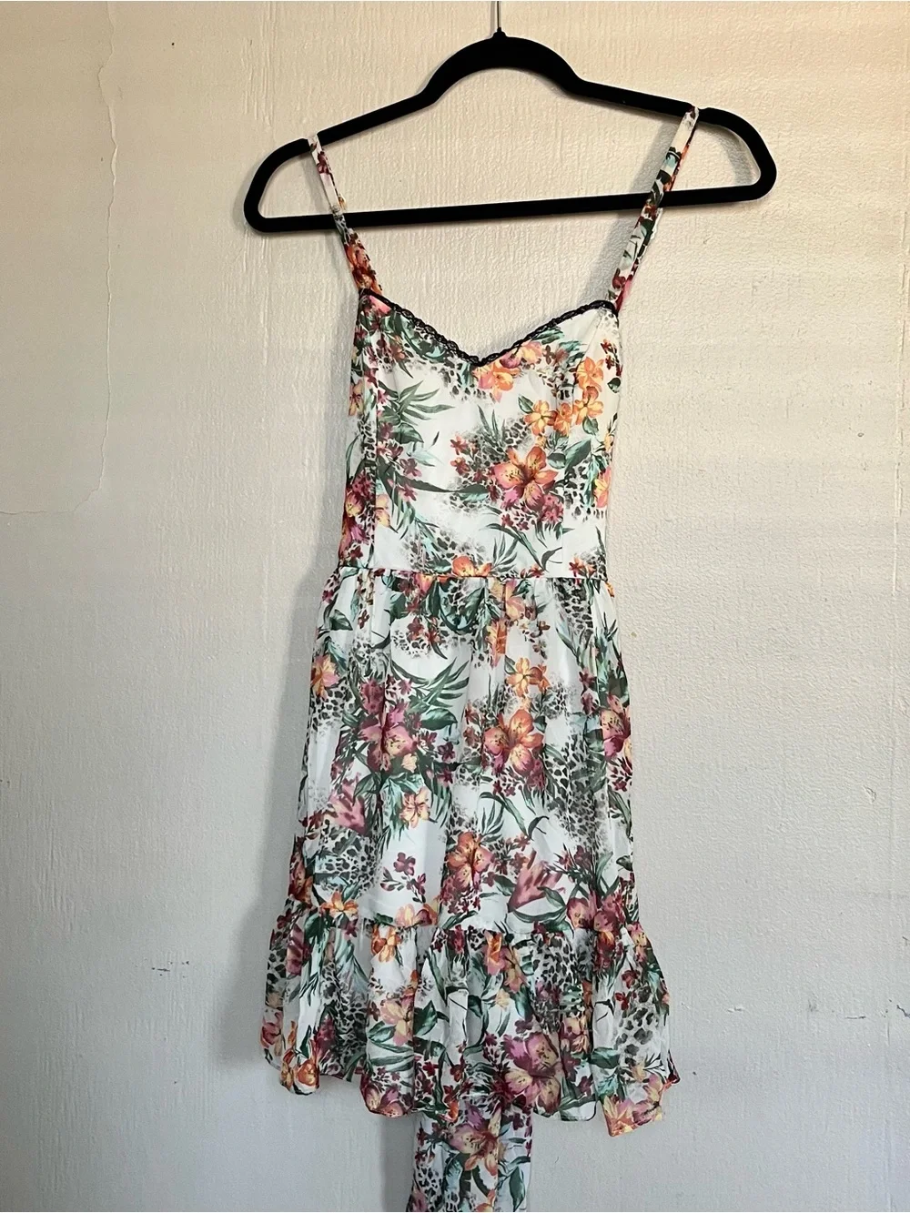 2000s Forever 21 floral leopard print mini dress with tie up strings whimsy goth
